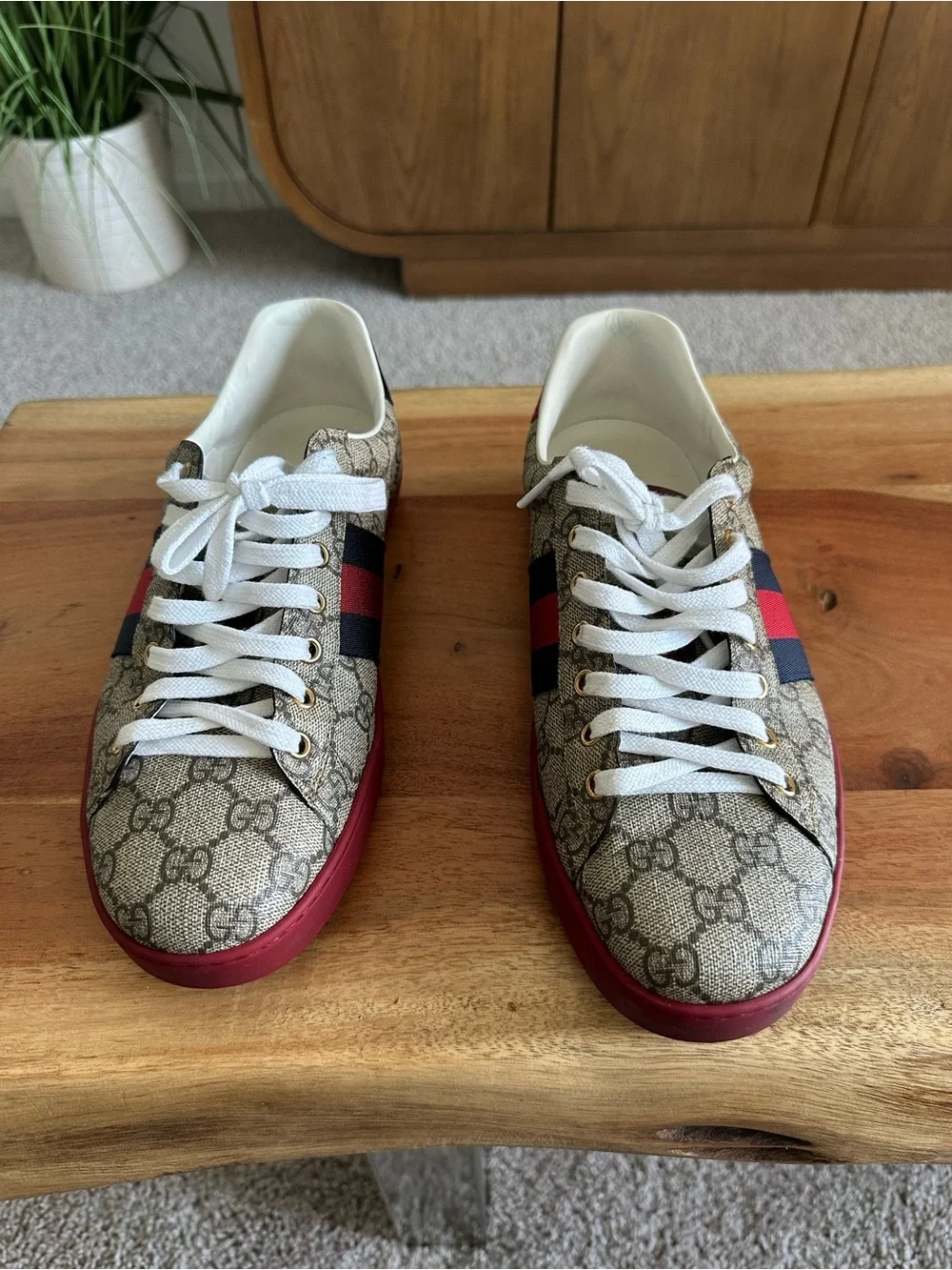 Gucci Beige GG Canvas Sneaker with Red & Navy Web Stripe